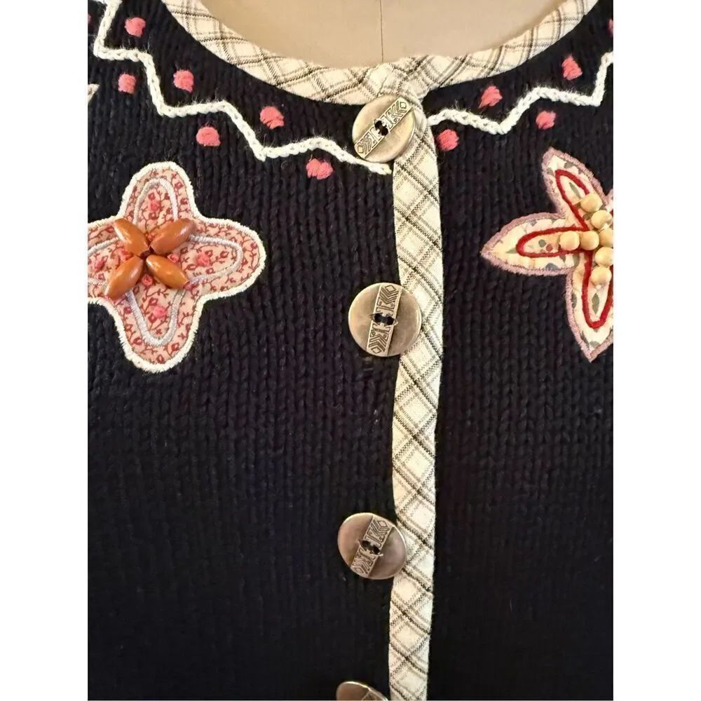 Orvis Cardigan Sz. L Appliqué Flowers & Elephants Vintage Chunky Ramie - Picture 12 of 12